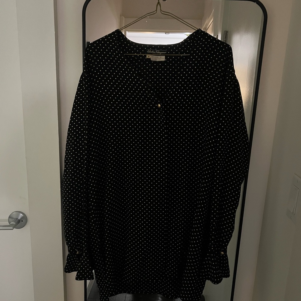 Vintage Salvatore Ferragamo B/W Polka Dot Blouse with matching belt/scarf
